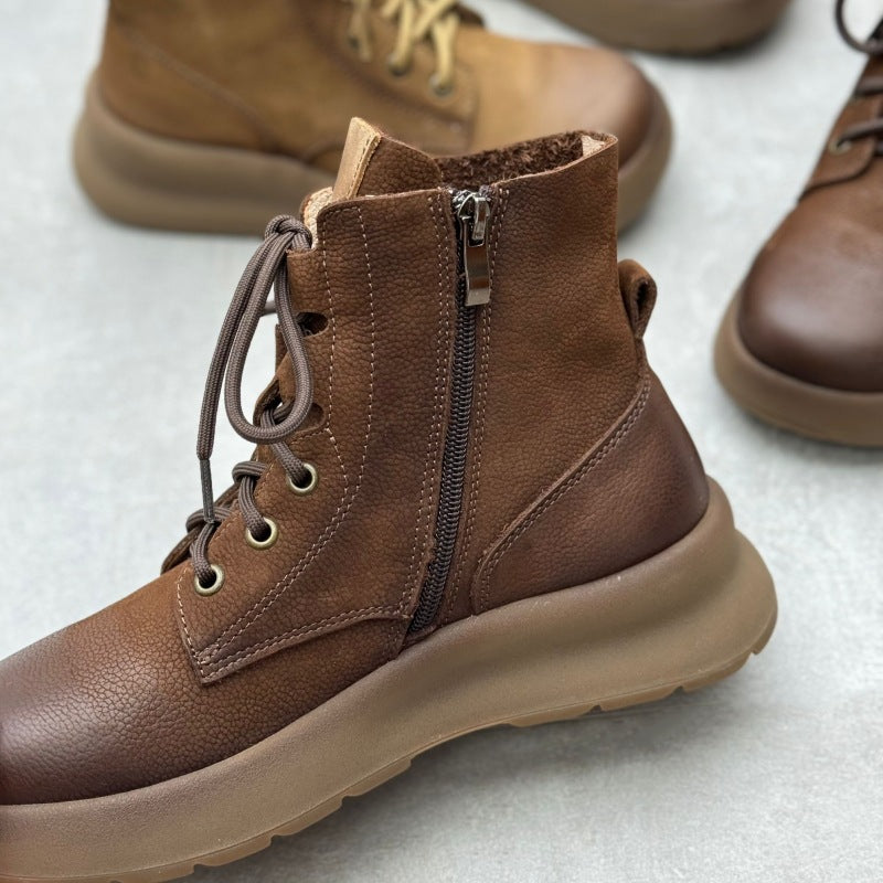 Women's Genuine Leather Vintage Casual Side Zipper Platform Ankle Boots