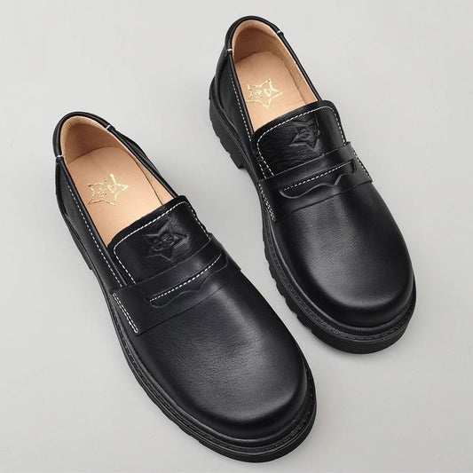 Women's Leather Mid Heel Chunky Loafers – Japanese Style & Non-Slip Sole