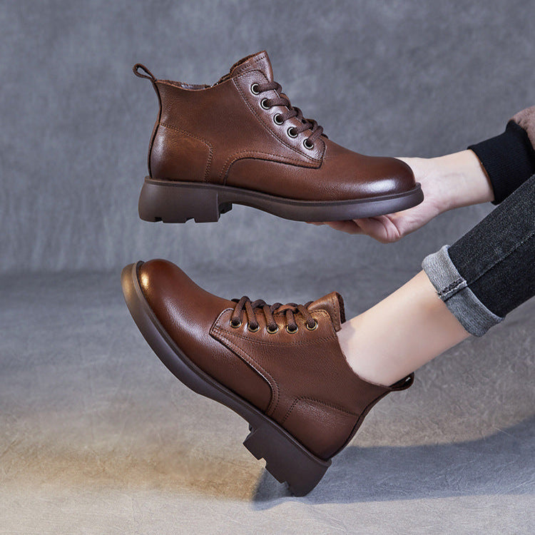 Women's Genuine Leather Casual Ankle Boots – Round Toe with Side Zipper