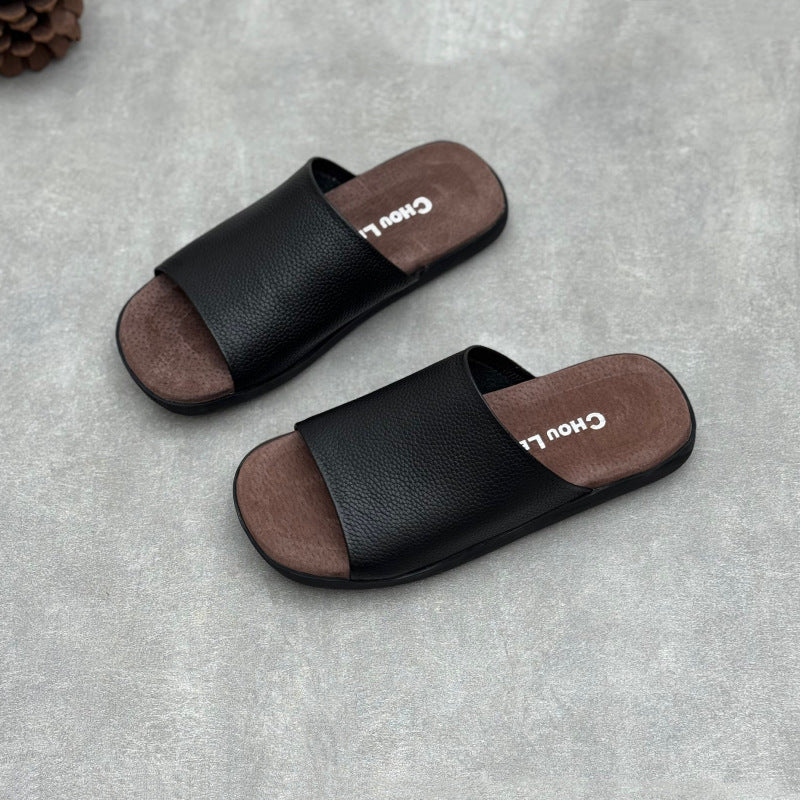 Women's Minimalist Pebbled Leather Mules - Luxury Raw-Cut Summer Slides