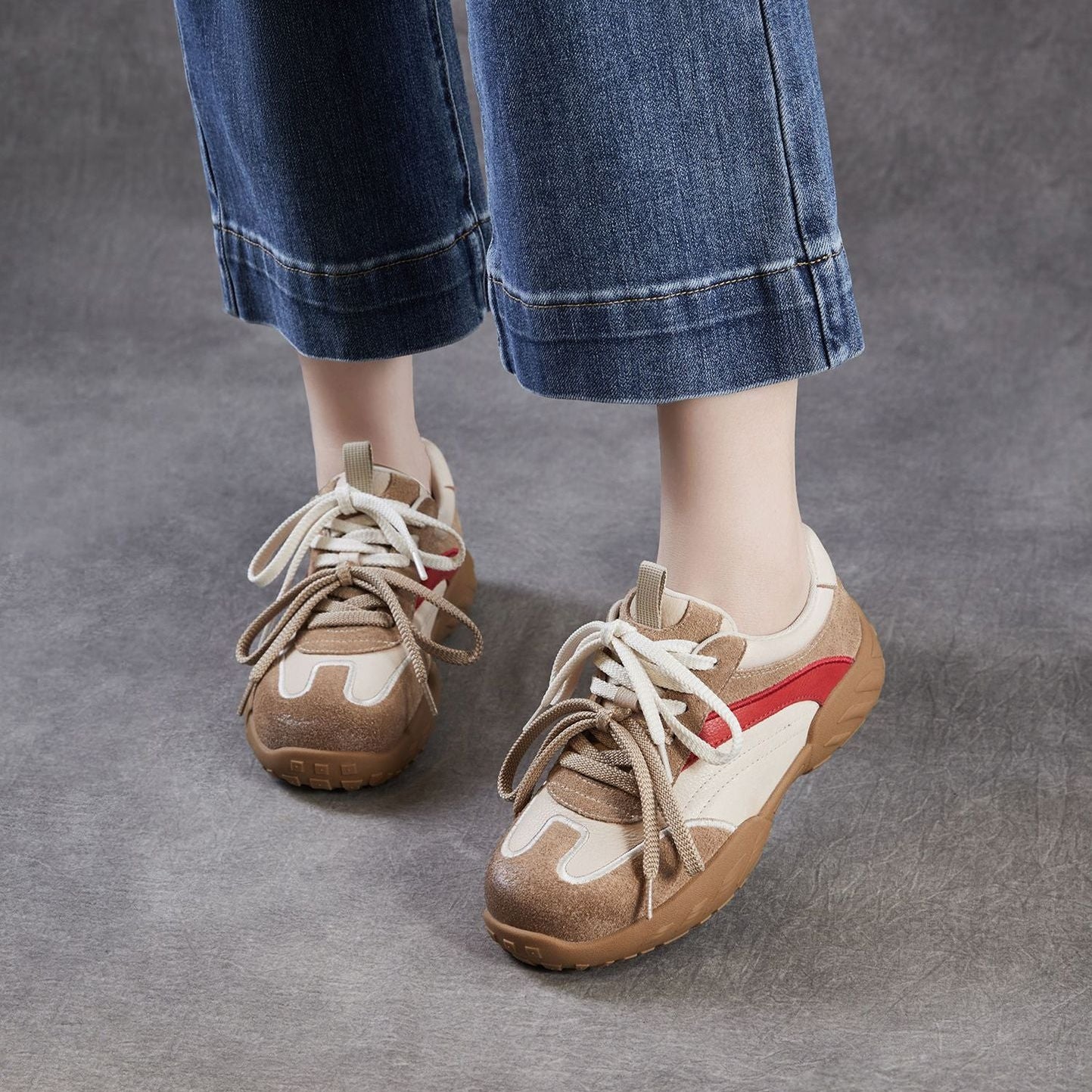 Women’s Leather Patchwork Trainers – Lightweight Spring Lace-Up Casual Shoes