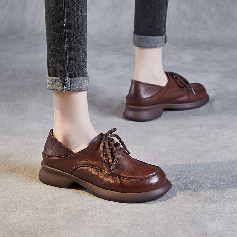 Women's Leather Comfortable Casual Chunky Heel Lace-Up Shoes