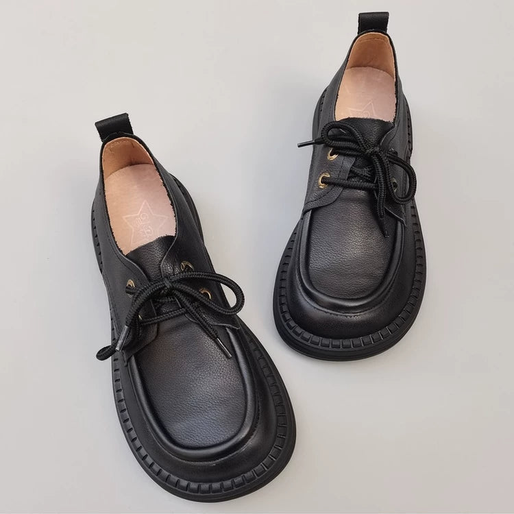 Women's Wide Toe Box Genuine Leather Oxfords British Style Lace Up Derby Shoes