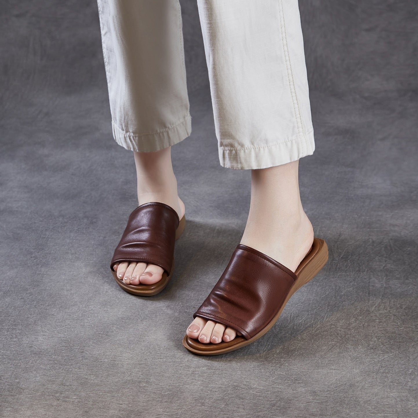 Women's Open Toe Leather Ruched Mules - Zen Style Cowhide Summer Slides