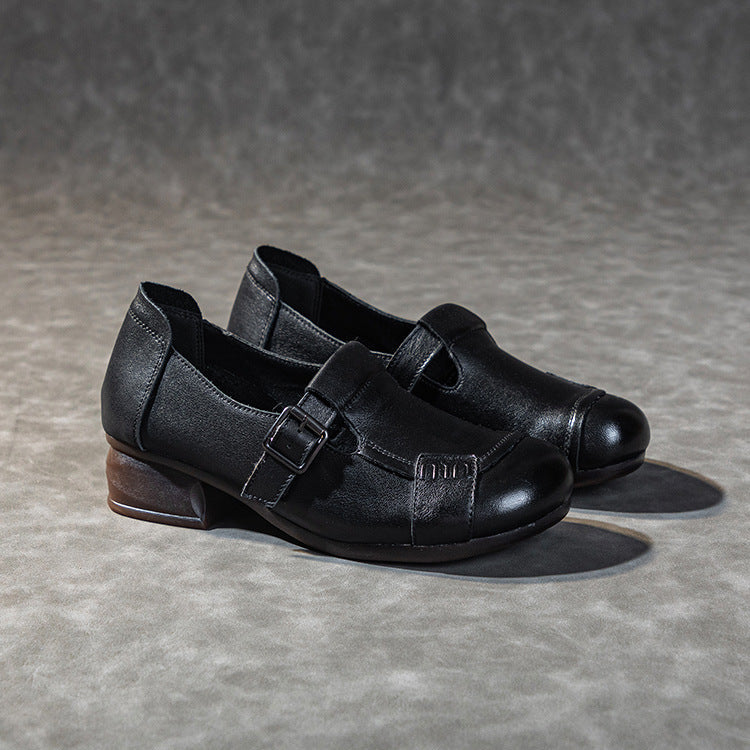 Women's Leather Casual Buckle Up Slip On Low Heeled Loafers