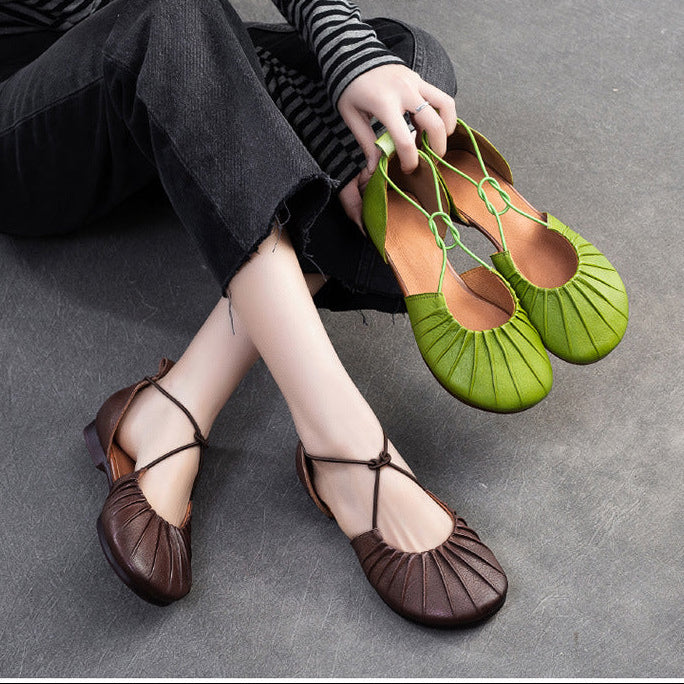 Women's Pleated Cowhide Flats - Wide-Toe Closed-Toe Sandals - Elastic Cross-Strap