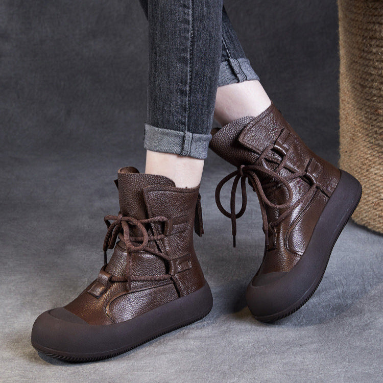 Women's Lace-Up Platform Boots – Genuine Leather Casual Back Zipper Boots