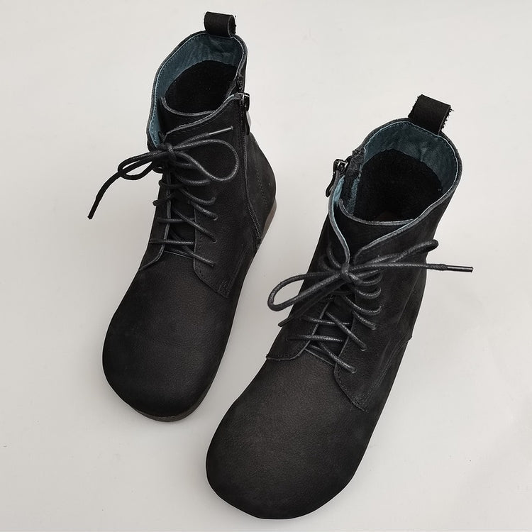 Women's Handmade Vintage Leather Lace-Up Flat Boots – Soft Sole, Breathable & Comfortable