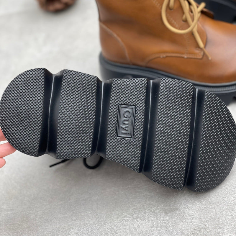 Women's Vintage Leather Platform Ankle Boots – Lace-Up Zipper Style