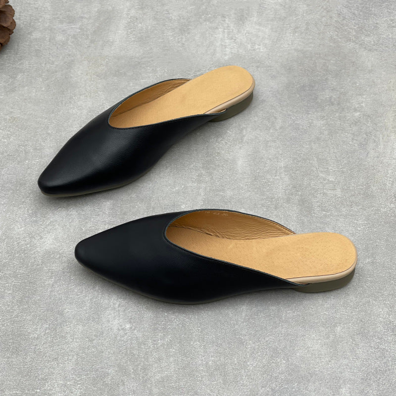 Women's Pointed Toe Leather V-Cut Mules - Unlined Minimalist Flat Slides
