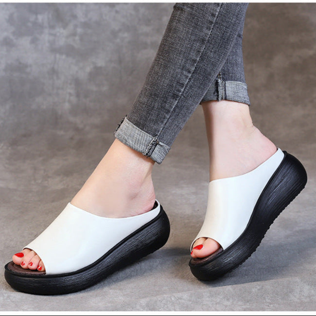Women's Leather Open Toe Chunky Wedge Heel Mule