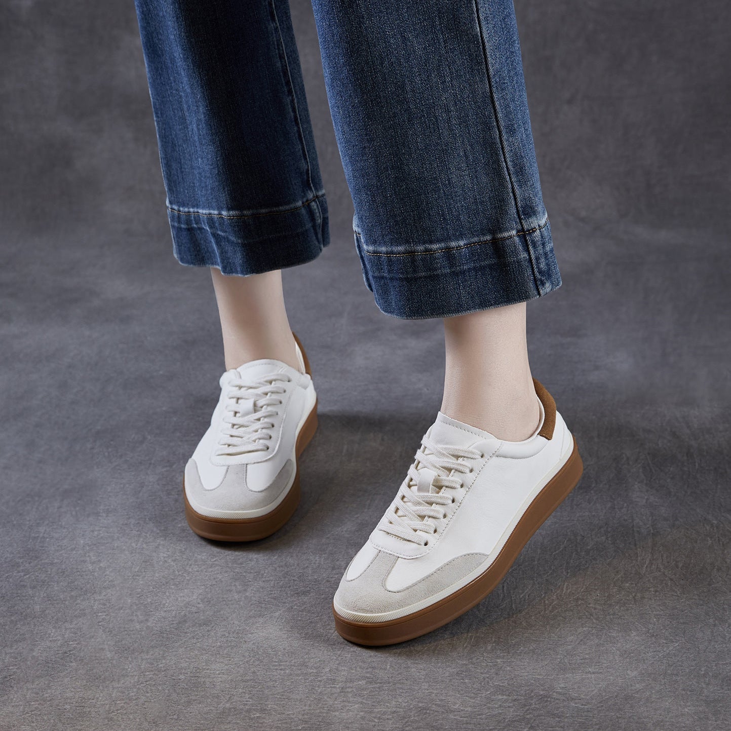 Womens Retro Cowhide Suede Patchwork Sneakers Vintage Round Toe Gum Sole Lace-up Flats