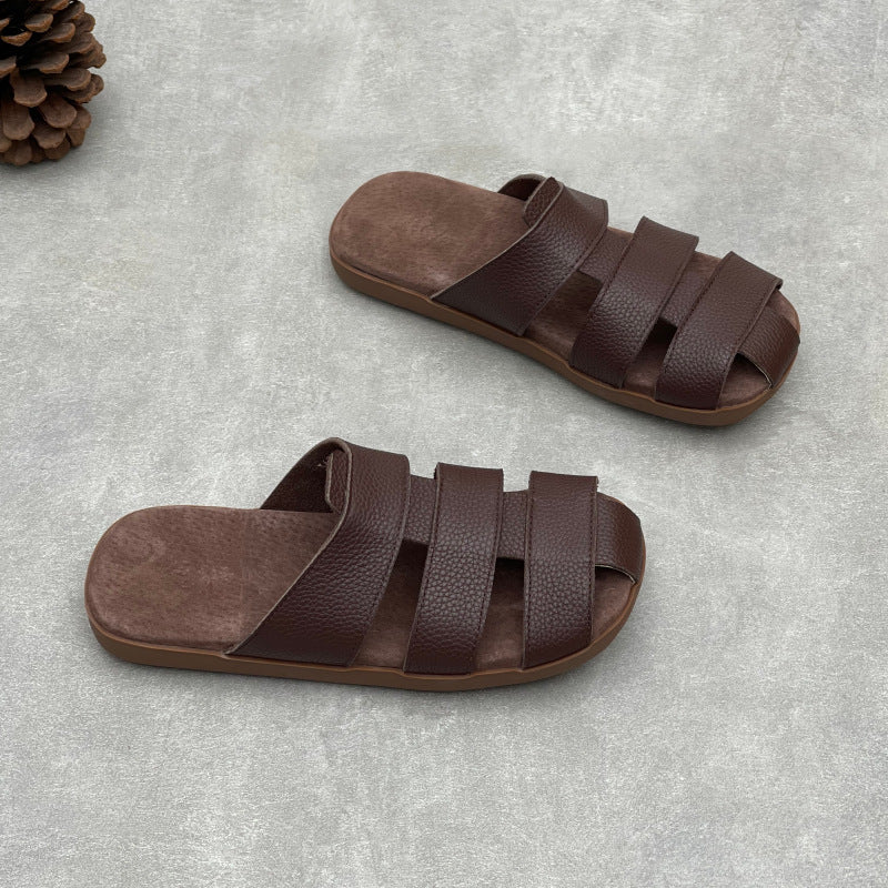 Artisanal Woven Leather Summer Slides - Minimalist Round Toe Cowhide Mules - Breathable Flat Footwear