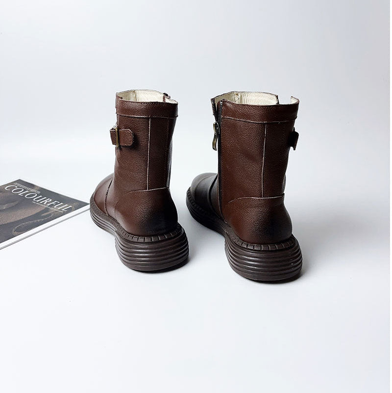 Women's Cowhide Leather Ankle Boots Side Zipper Buckle Strap Casual Low Heel Booties