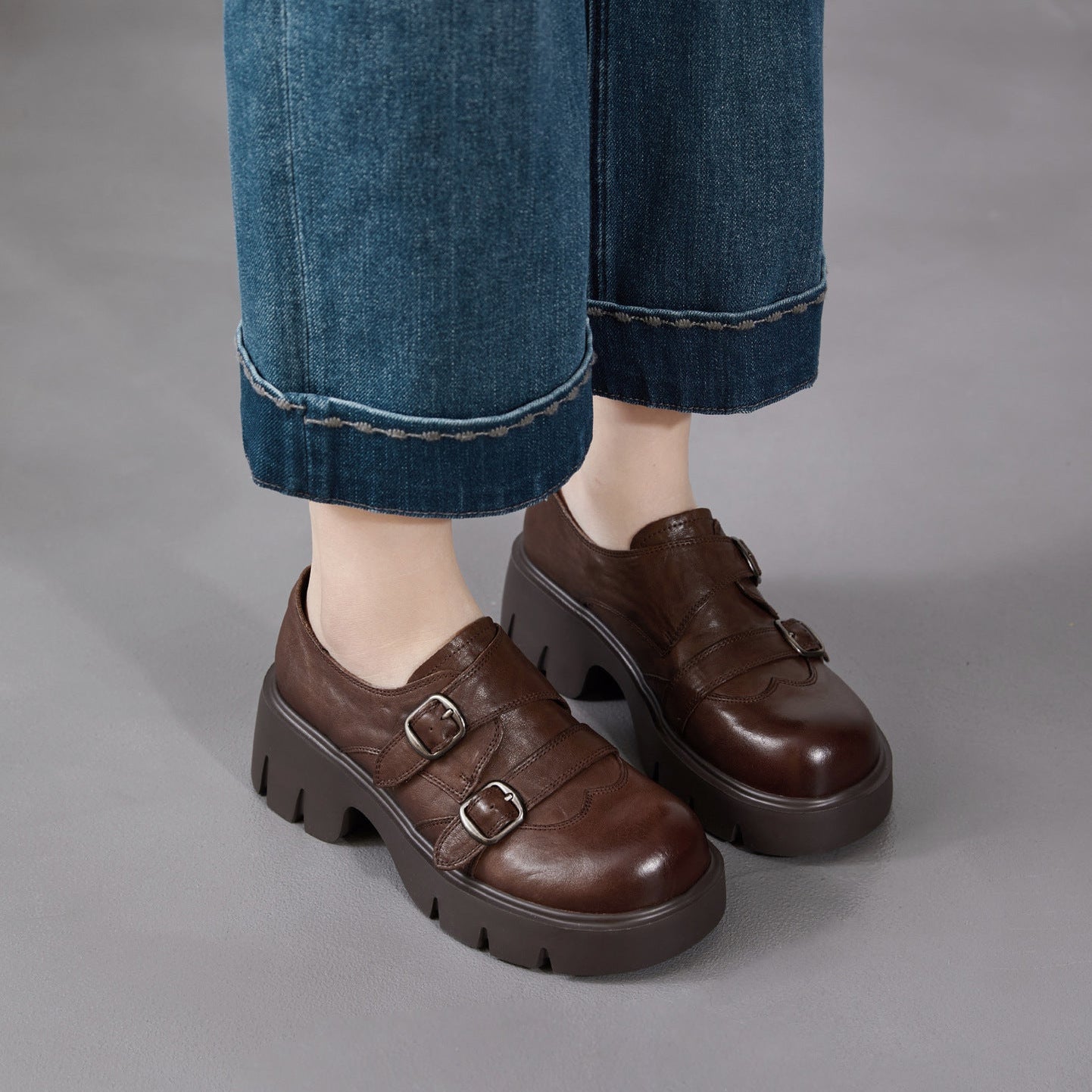 Women’s Retro Round Toe Derby Shoes – British Style Platform Loafers with Buckle