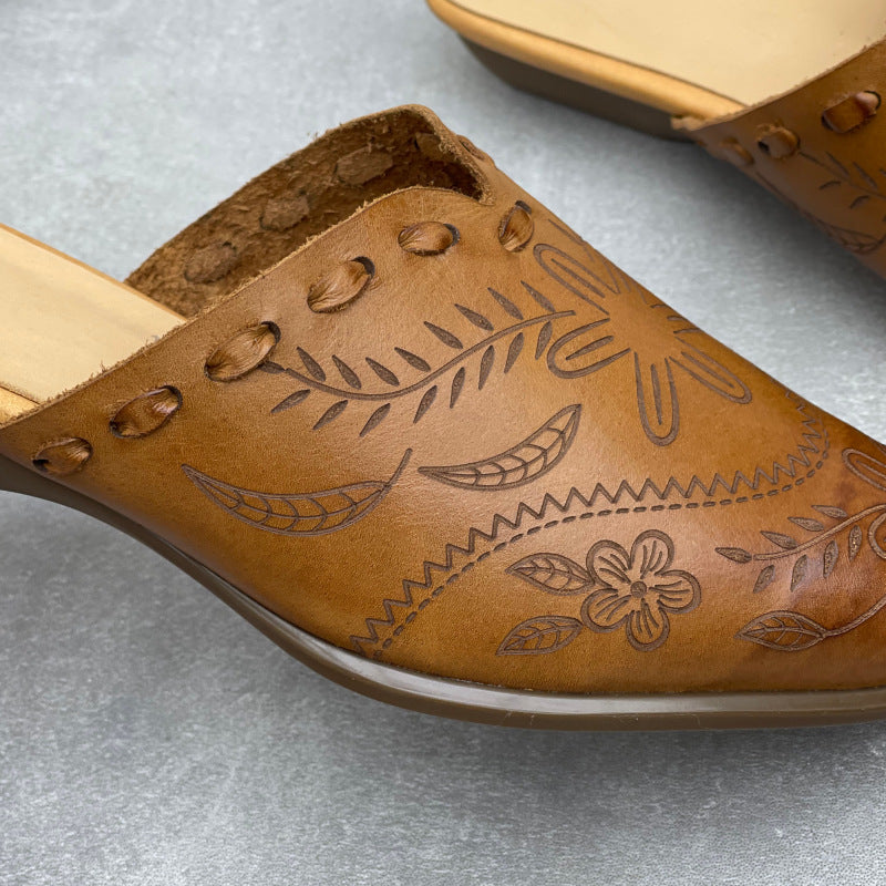 Women's Embossed Leather Mules – Vintage Bohemian Pointed-Toe Floral Slides