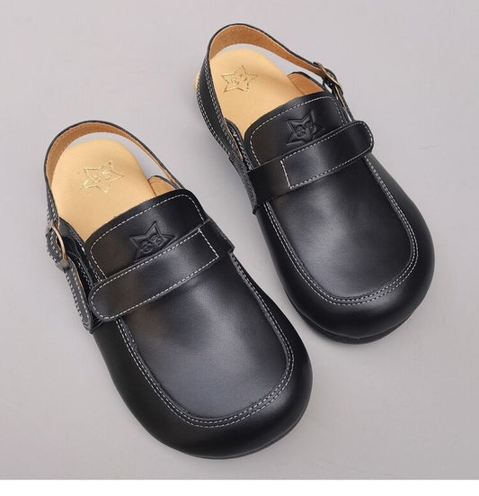 Women's Leather Sandals - Vintage Contrast Stitching Flexible Slip-On Mule Slides with Slingback Strap