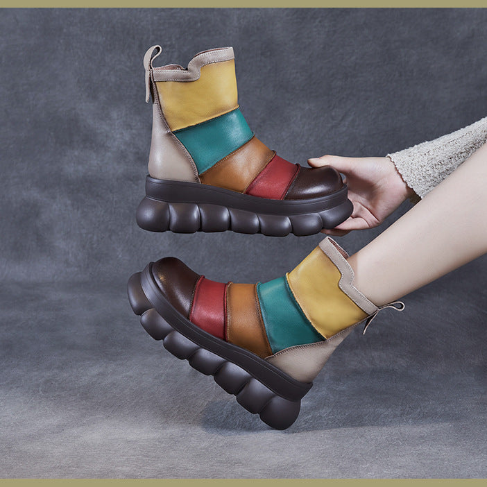 Women's Rainbow Avant-Garde Color-Block Platform Boots Leather Zipper Closure