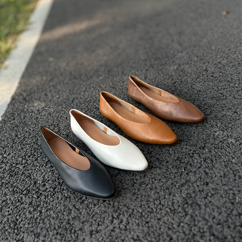 Women's Premium Leather Ballet Flats - V-Cut Pointed Toe Shoes Lightweight Spring Summer Shoes