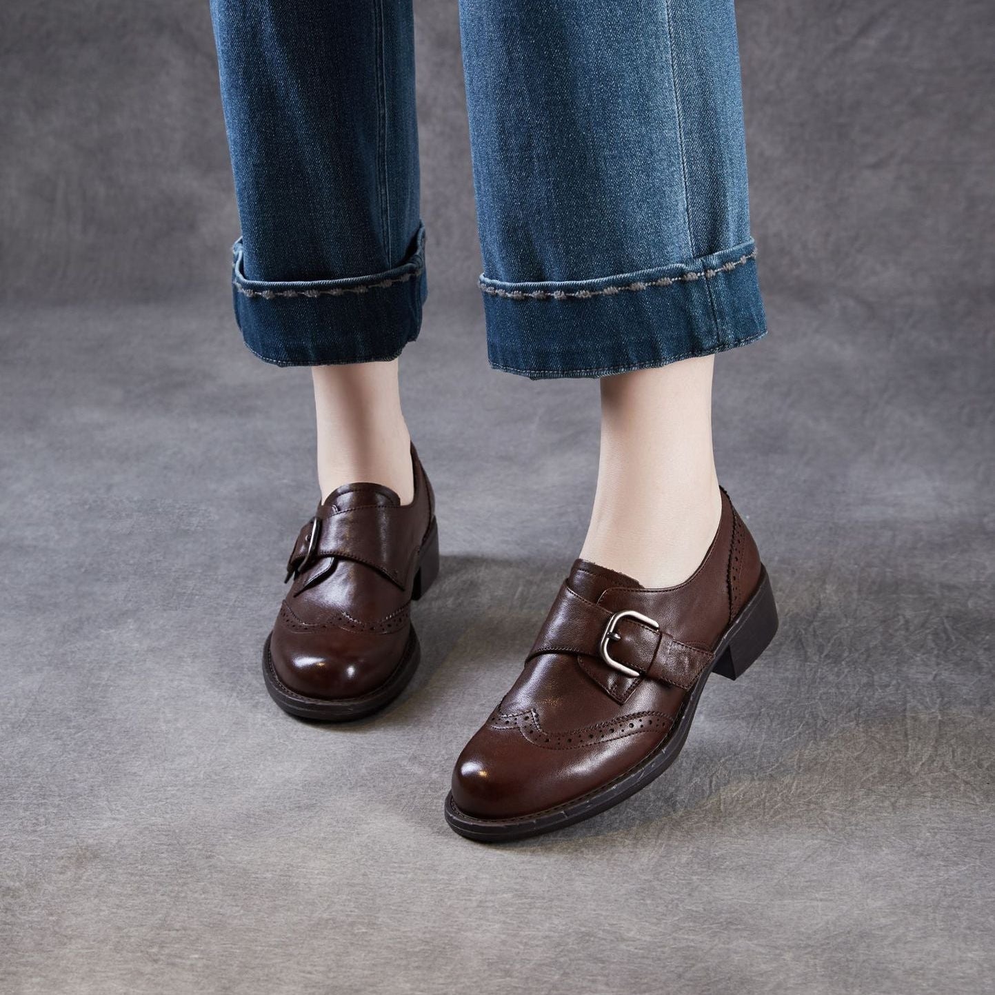 Women's Retro Leather Monk Strap Shoes Vintage Round Toe Brogue Chunky Heels