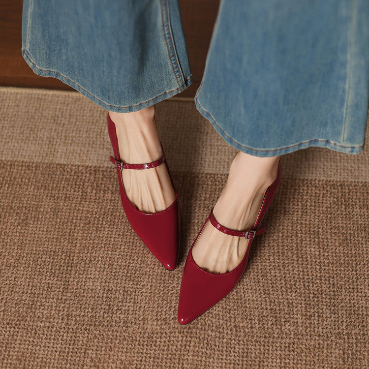Handmade Patent Leather Mary Janes - Women's Pointed Toe Block Heel Pumps