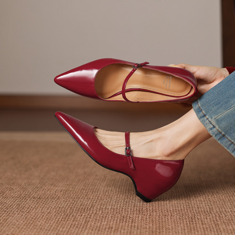 Handmade Patent Leather Mary Janes - Women's Pointed Toe Block Heel Pumps