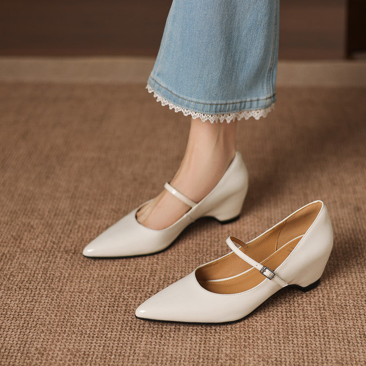 Handmade Patent Leather Mary Janes - Women's Pointed Toe Block Heel Pumps