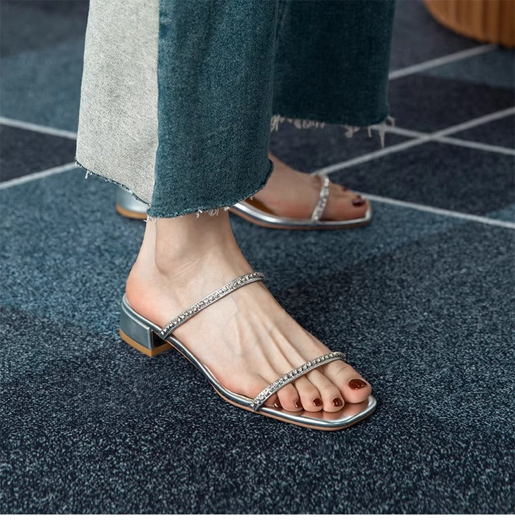 Women's Rhinestone Low Heel Sandals – Minimalist French Style for Summer