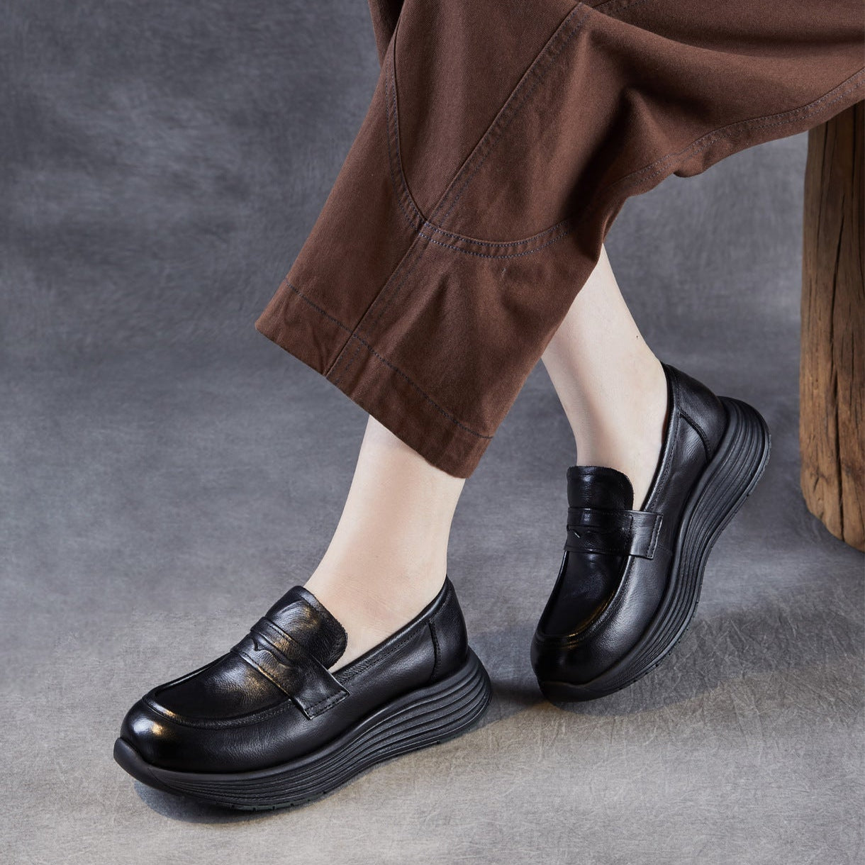 Women’s Leather Slip-On Loafers – Vintage Low Wedge Comfort Shoes