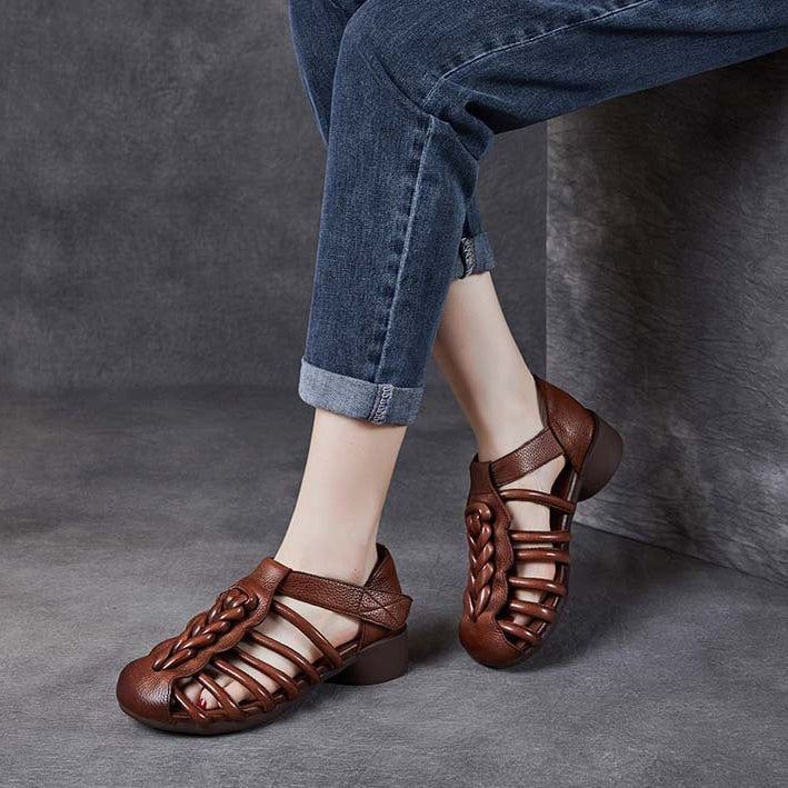 Breathable Leather Summer Sandals for Women - Round Toe Flat Walking Shoes with Velcro Strap
