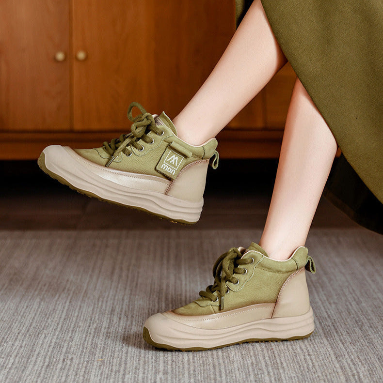 Trendy Women's Leather Platform Sneakers – High-Top Lace-Up Casual Shoes