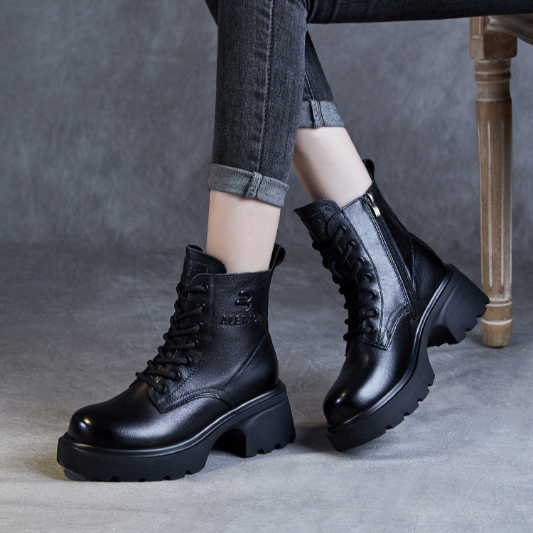 Women's Genuine Leather Lightweight Ankle Boots – Platform Chunky Heel