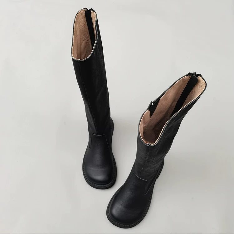 Women's Wide Toe Box Genuine Leather Knee High Boots British Style Riding Boots
