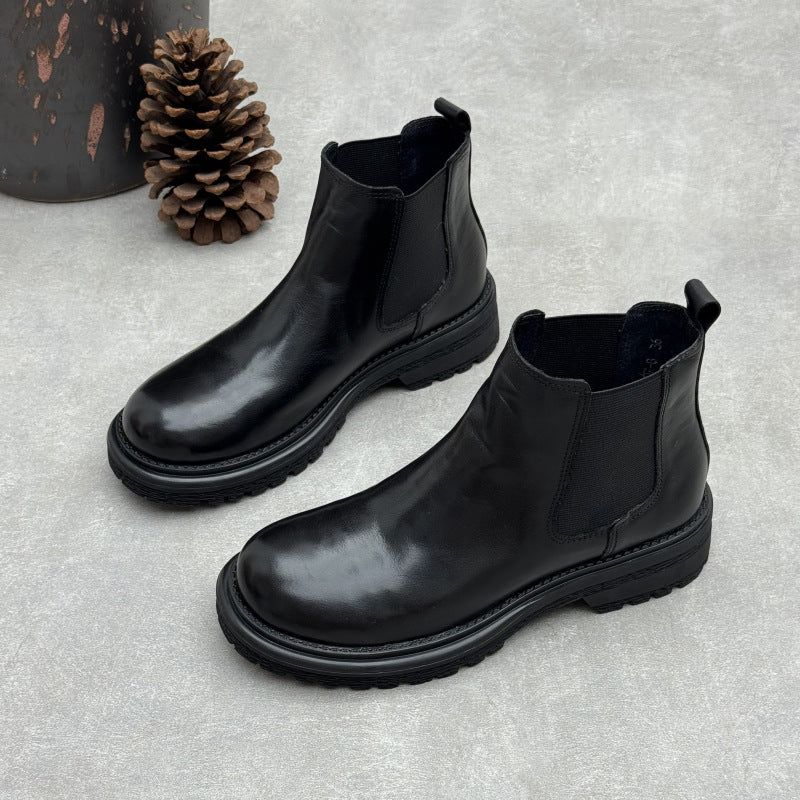 Women's Top-Grain Leather Chelsea Ankle Boots Slip On Low Platform Heel Booties
