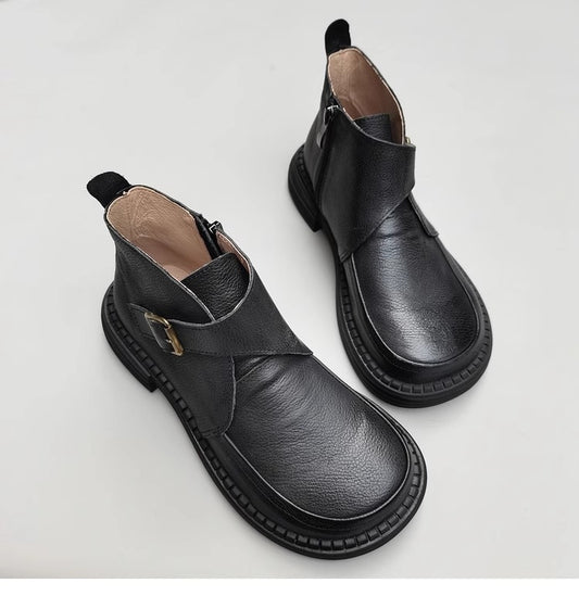 Genuine Leather Women's Ankle Boots - Big Toe Box Platform Work Boots