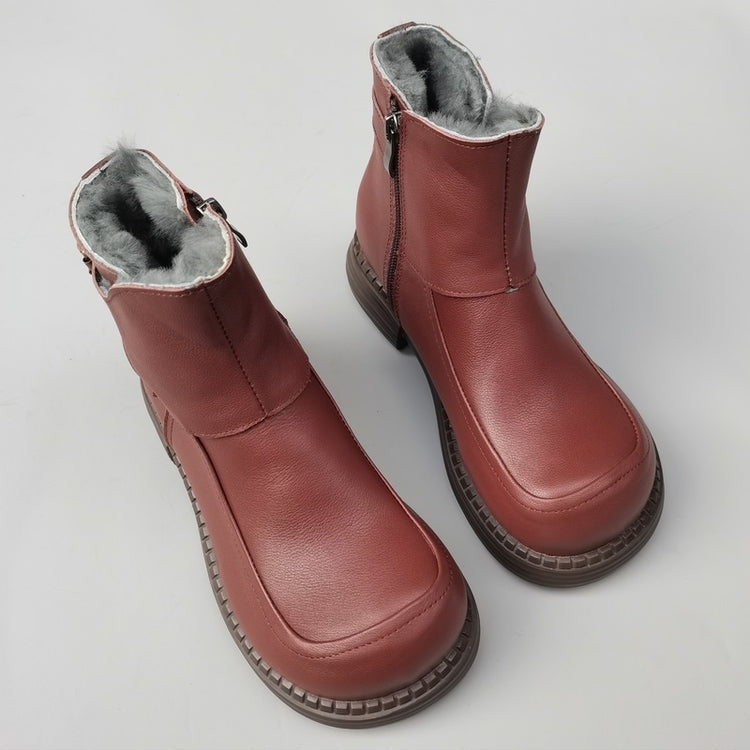 Women's Vintage Wide Toe Leather Derby Boots – Shearling Lined Winter Ankle Boots