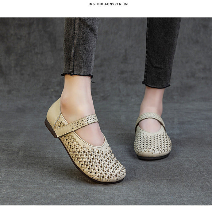 Genuine Leather Weaving Hollow Out Breathable Summer Velcro Women's Sandals