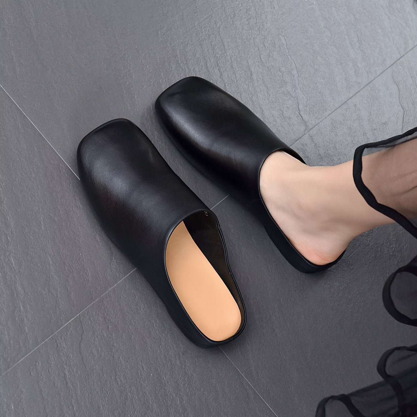 Women's Minimalist Square Toe Leather Slides - Zen Style Summer Mules Flat