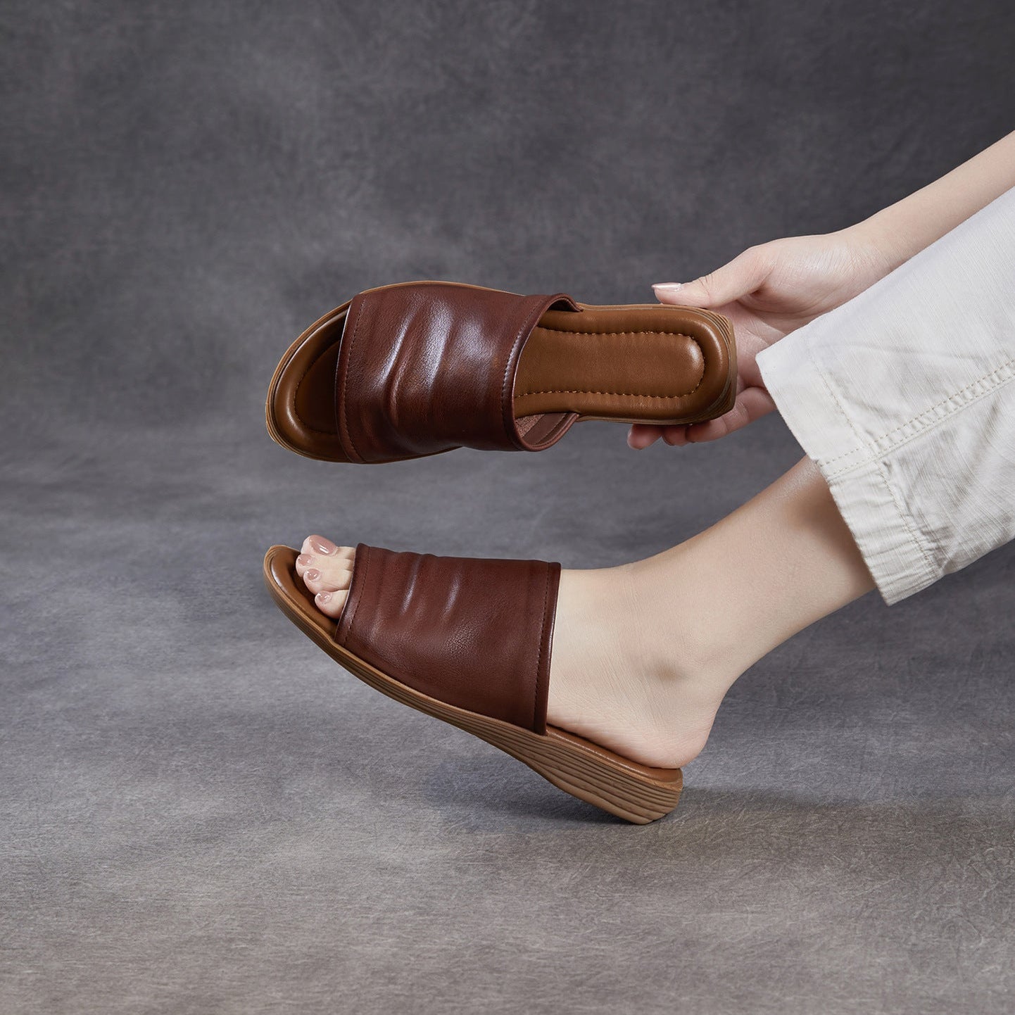 Women's Open Toe Leather Ruched Mules - Zen Style Cowhide Summer Slides