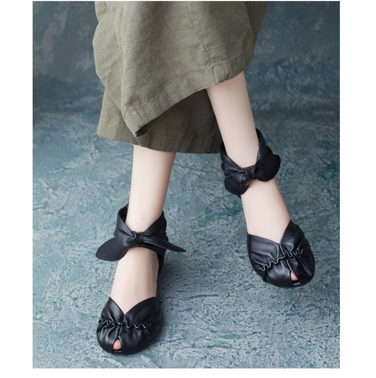 Womens Genuine Leather Handmade Summer Bow Ankle Zipper Sandals