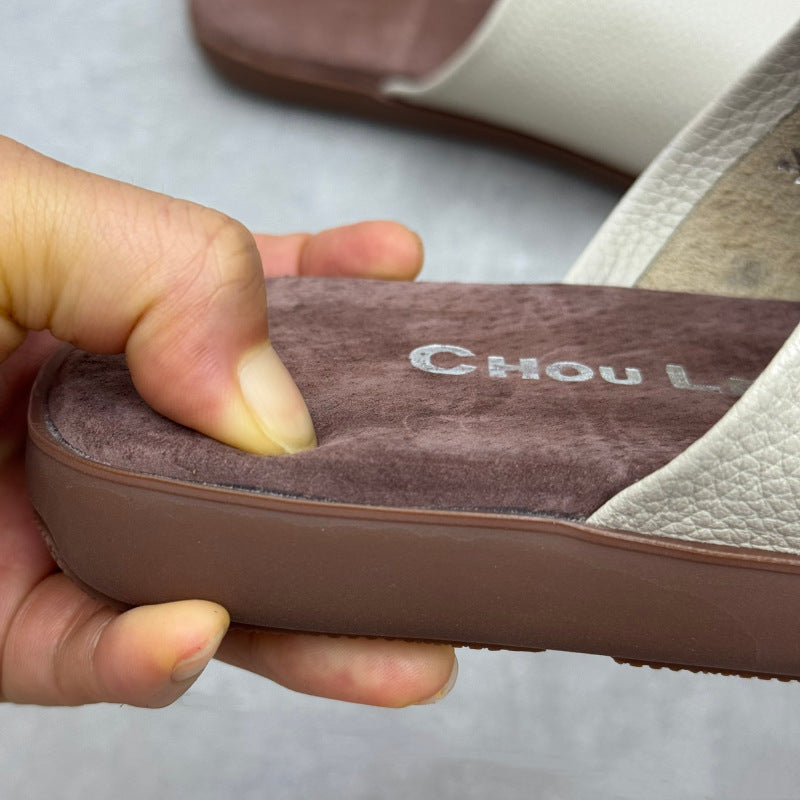 Women's Minimalist Pebbled Leather Mules - Luxury Raw-Cut Summer Slides