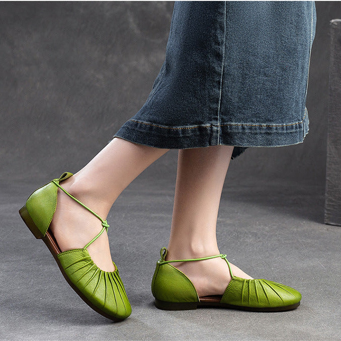 Women's Pleated Cowhide Flats - Wide-Toe Closed-Toe Sandals - Elastic Cross-Strap