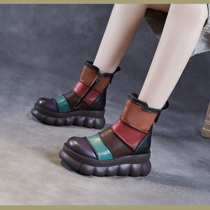 Women's Rainbow Avant-Garde Color-Block Platform Boots Leather Zipper Closure