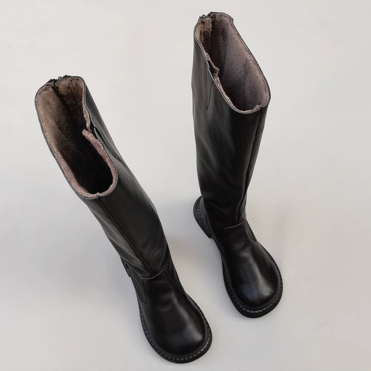 Women's Winter Fleece-lined Wide Toe Box Genuine Leather Knee High Boots British Style Riding Boots