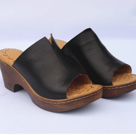 Women's Vintage Platform Block Heel Open Toe Mule Sandals