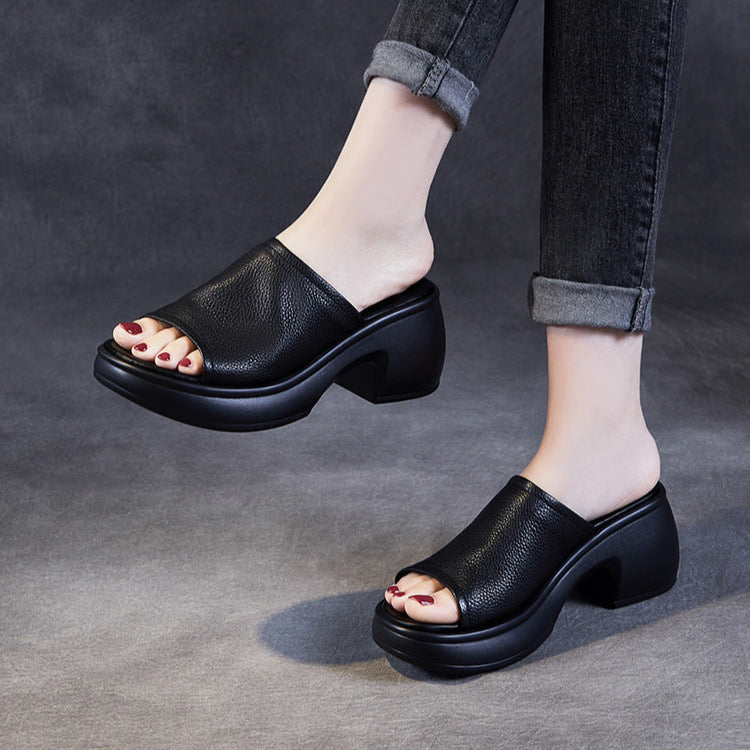 Women's Summer Open-Toe Chunky Heel Platform Mule Sandals – Soft Leather
