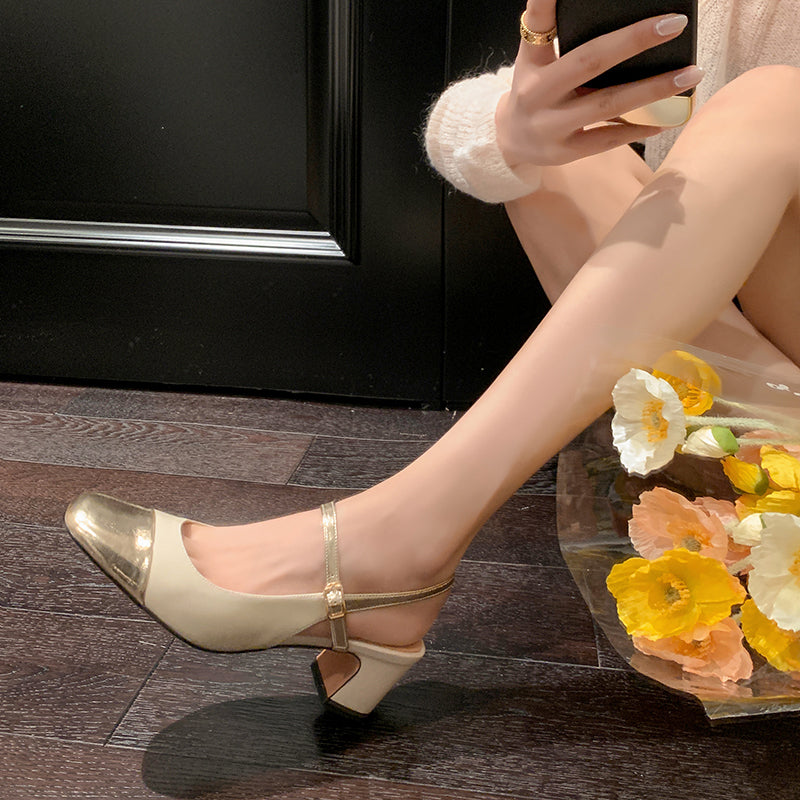 Women's Elegant French Patchwork Slip On Closed Toe Mid Heel Sandals