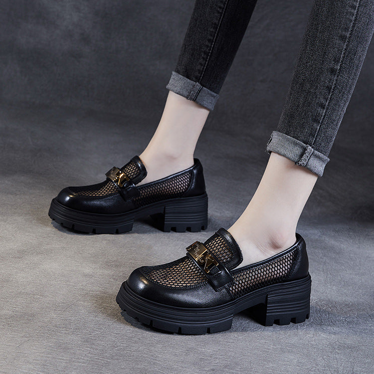Women's Leather & Mesh Loafers Platform Lug Sole Breathable Hybrid Shoes