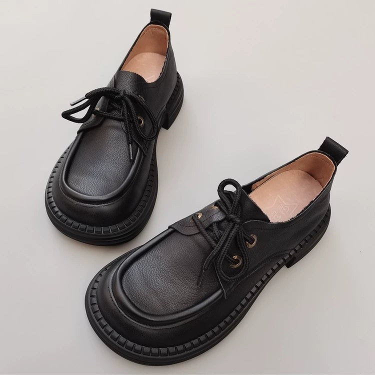 Women's Wide Toe Box Genuine Leather Oxfords British Style Lace Up Derby Shoes