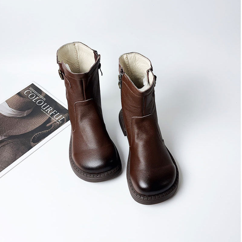 Women's Cowhide Leather Ankle Boots Side Zipper Buckle Strap Casual Low Heel Booties